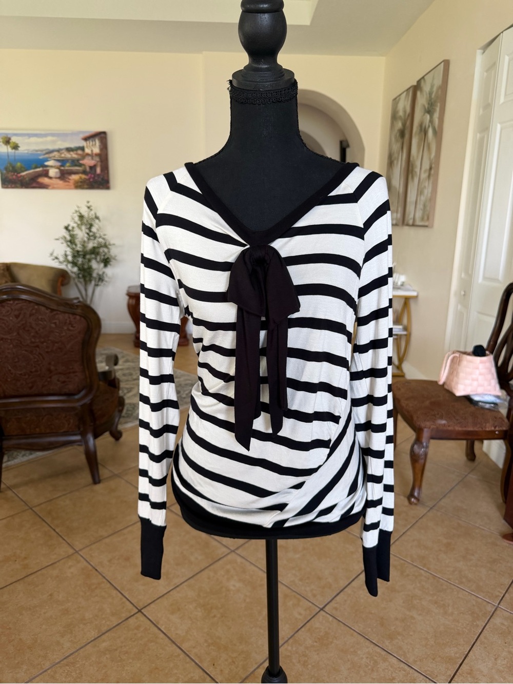 Y2K Juicy Couture Black & White Striped Tie-Neck Women's Top